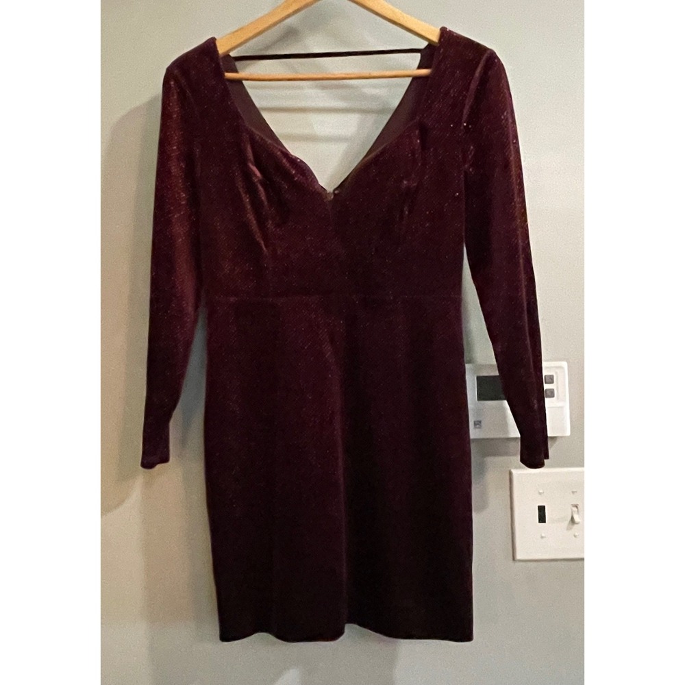Express Velvet Glitter Mini Dress Women S Petite Burgundy V-Neck Long Sleeve